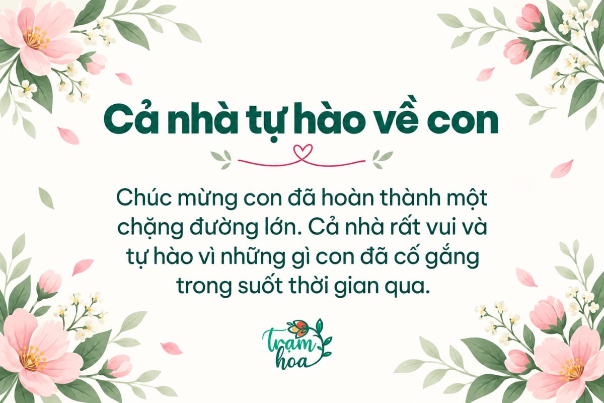 Thiệp chúc mừng tốt nghiệp từ gia đình, minh họa hoa hồng pastel và lời nhắn tự hào về con