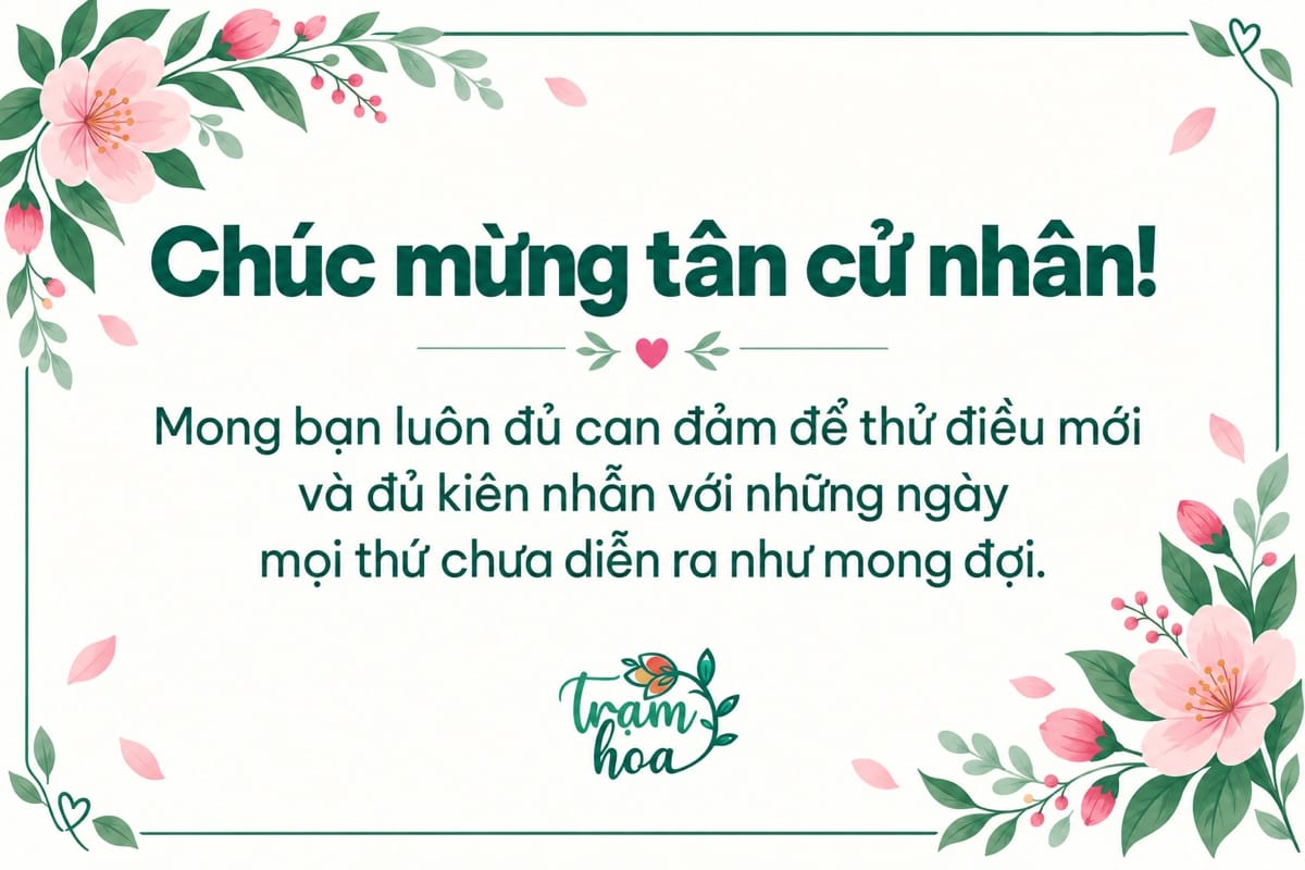 Bảng chúc mừng tân cử nhân tông xanh kem với lời chúc can đảm và kiên nhẫn