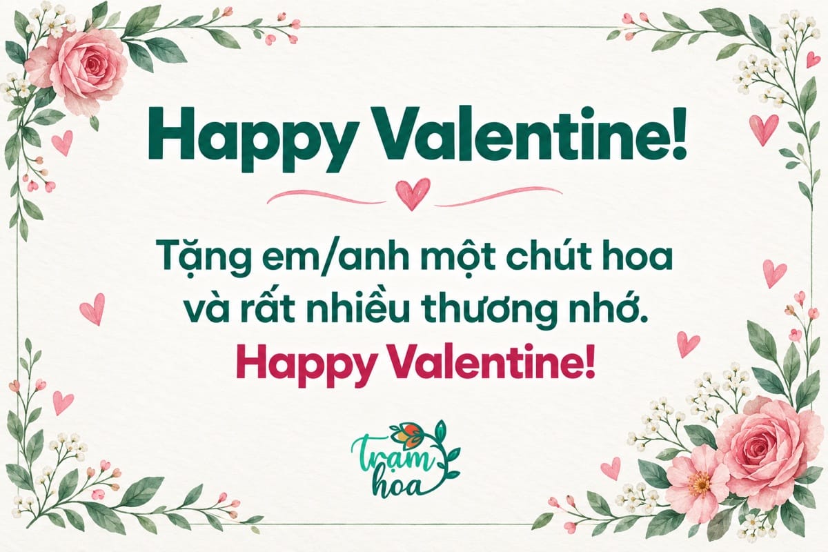 Thiệp Valentine có hoa hồng minh họa, nền kem và lời nhắn gửi hoa cùng thương nhớ