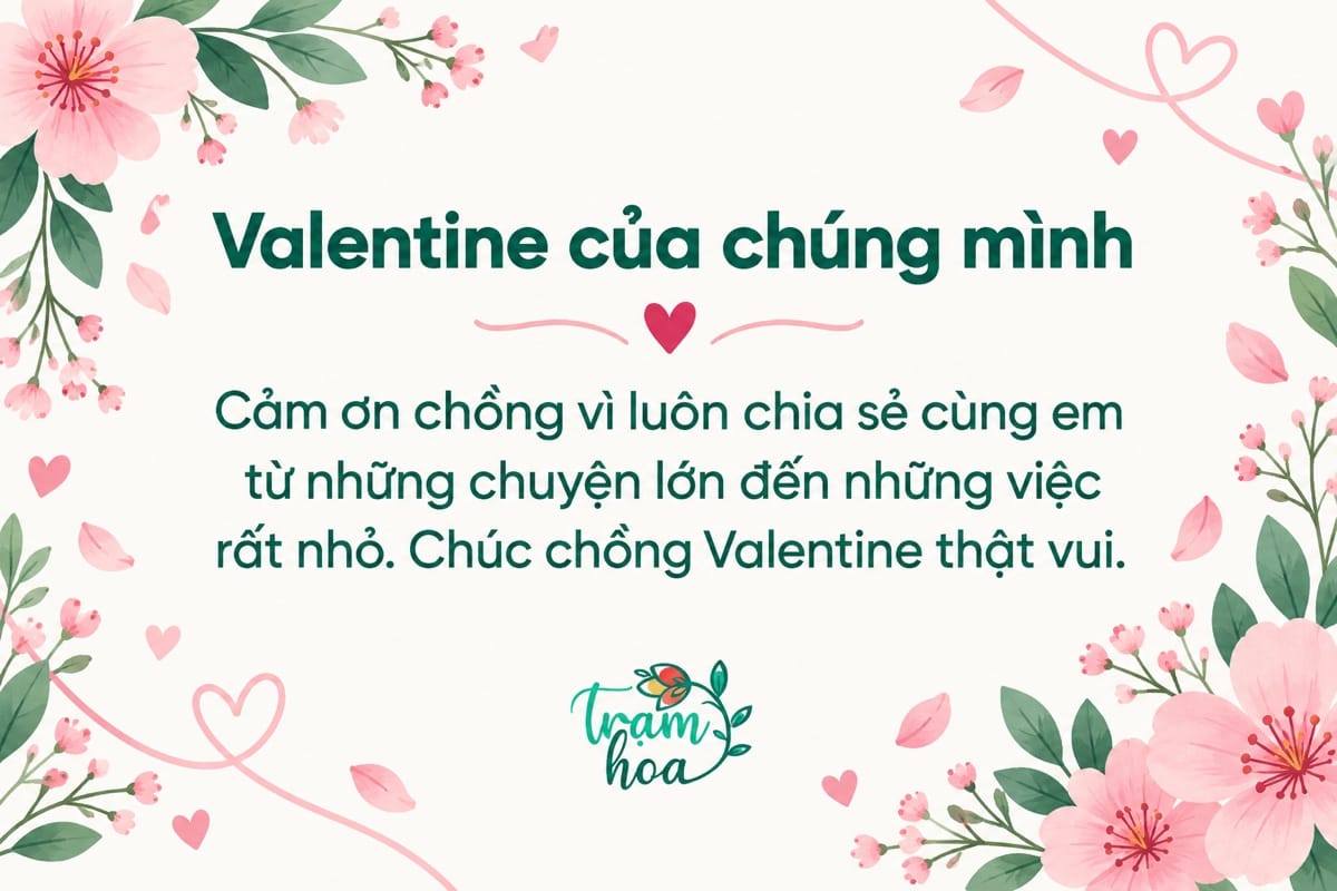 Thiệp Valentine dành cho chồng với lời cảm ơn sự sẻ chia, họa tiết hoa và trái tim nhỏ