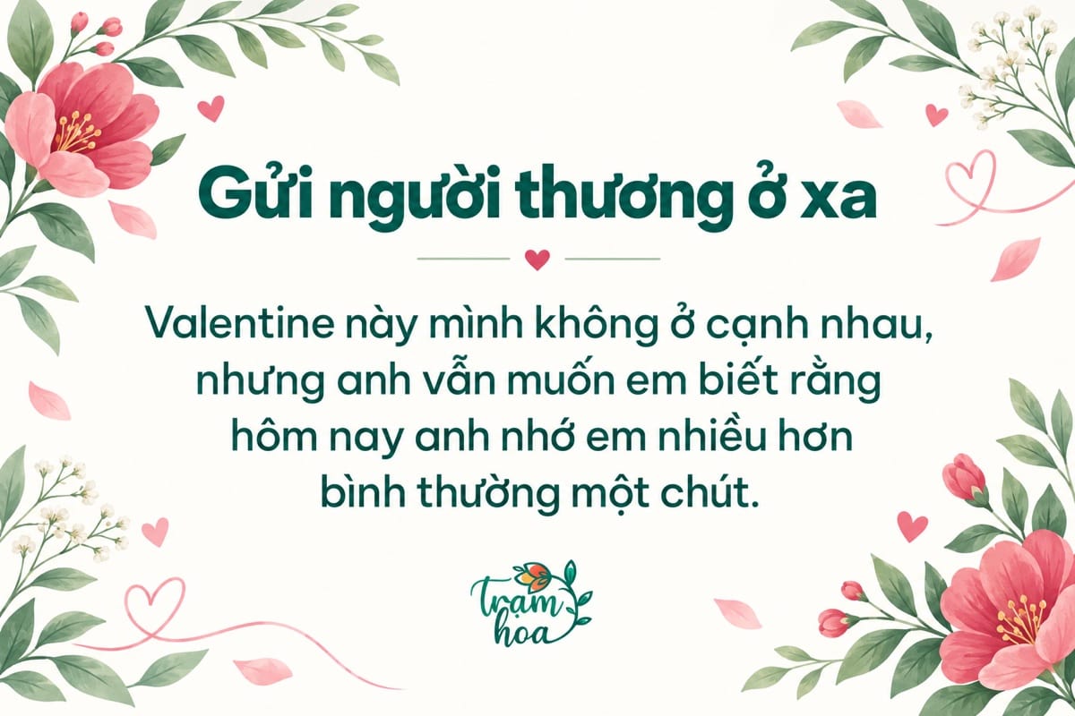 Thiệp Valentine cho người yêu ở xa với lời nhắn nhớ em trên nền kem và viền hoa hồng