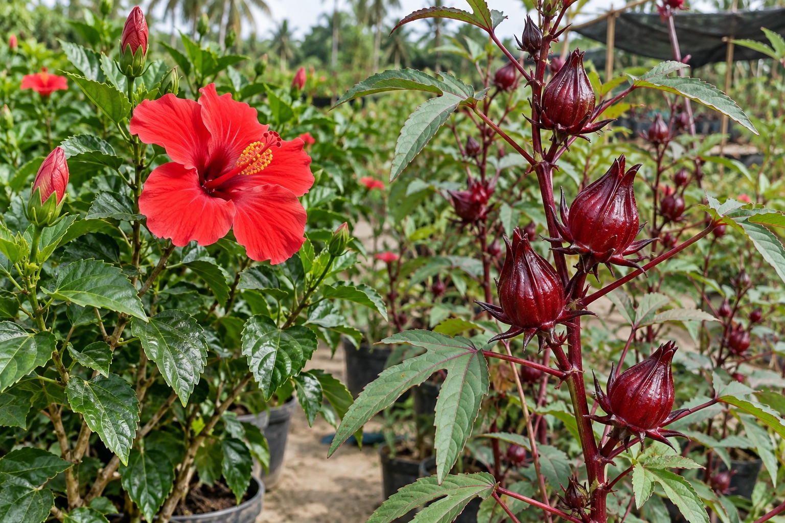 So sánh cây dâm bụt cảnh có hoa đỏ với cây atiso đỏ có đài quả màu đỏ sẫm
