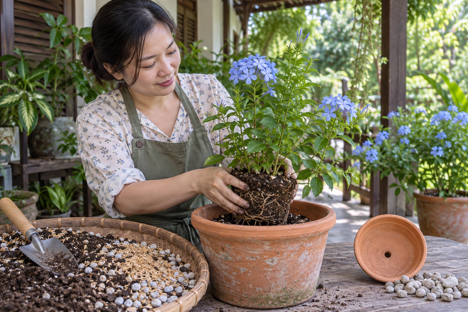 Thay chậu cho cây hoa thanh xà Người phụ nữ Việt thay chậu cây thanh xà với giá thể tơi xốp, trấu hun và đá thoát nước