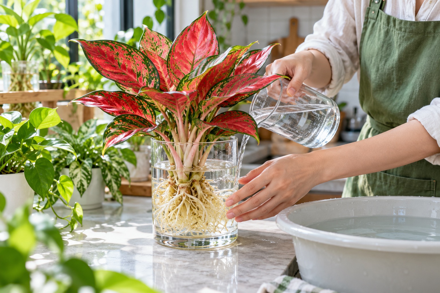 Thay nước cho cây vạn lộc thủy sinh Người làm vườn Việt Nam thay nước cho cây vạn lộc thủy sinh trong bình thủy tinh