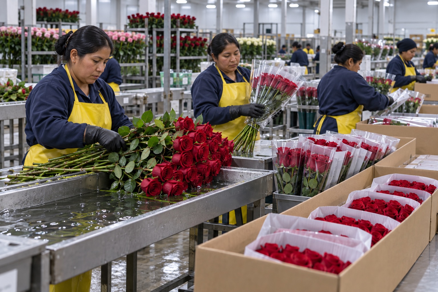 Thu hoạch và đóng gói hoa hồng Ecuador Nhân viên phân loại, dưỡng nước và đóng gói hoa hồng thân dài tại cơ sở xử lý hoa