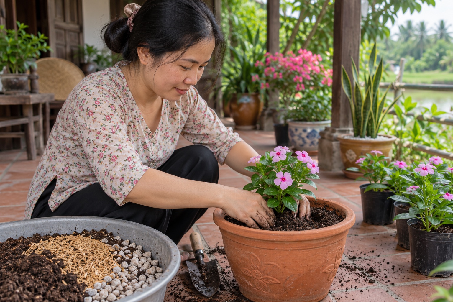 Người phụ nữ Việt trồng cây hoa dừa cạn hồng vào chậu đất nung với giá thể thoát nước