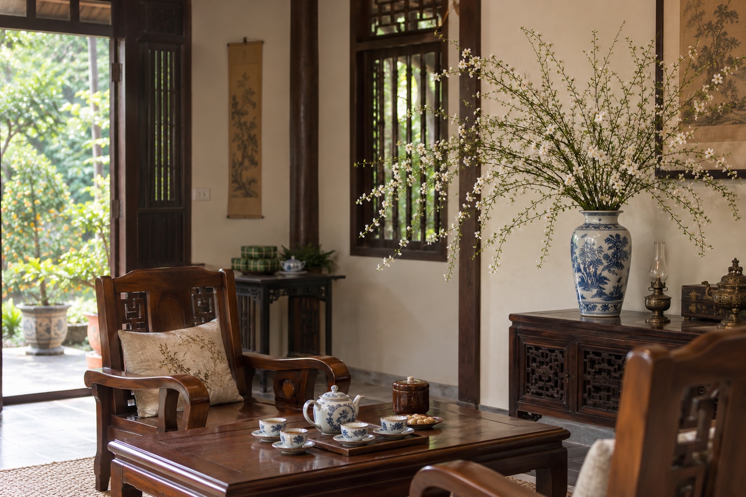 Bình tuyết mai trong phòng khách ngày Tết Bình tuyết mai trắng cắm tỏa tự nhiên trong phòng khách nhà Việt ngày Tết