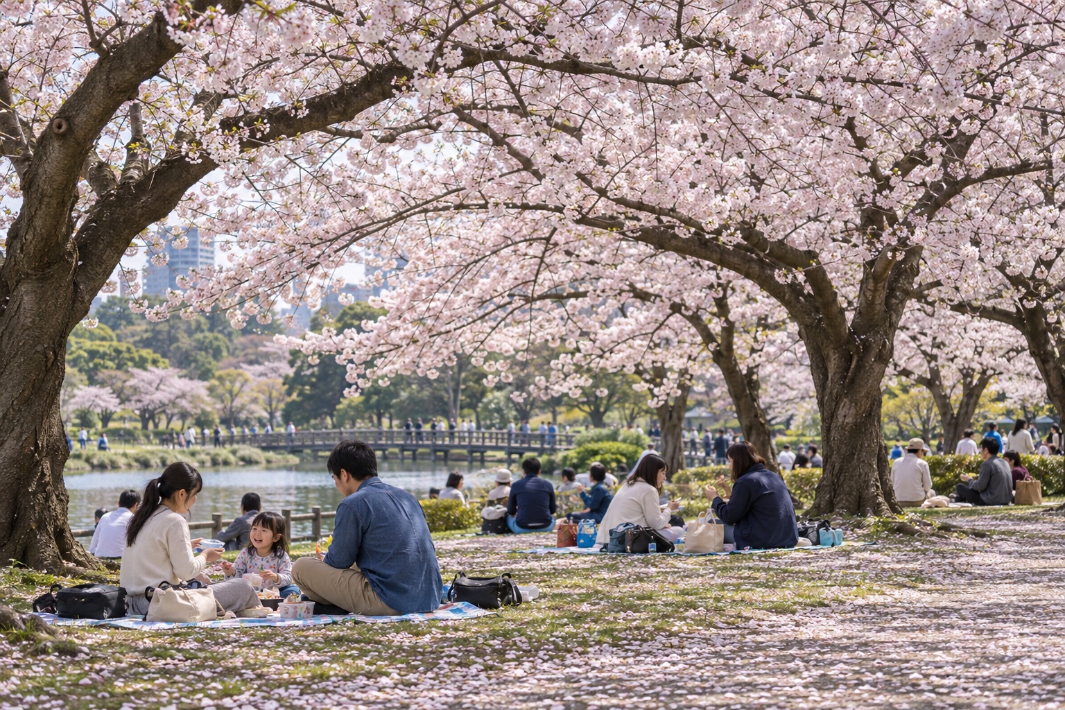 Các gia đình Nhật Bản ngắm hoa hanami dưới tán anh đào nở vào mùa xuân