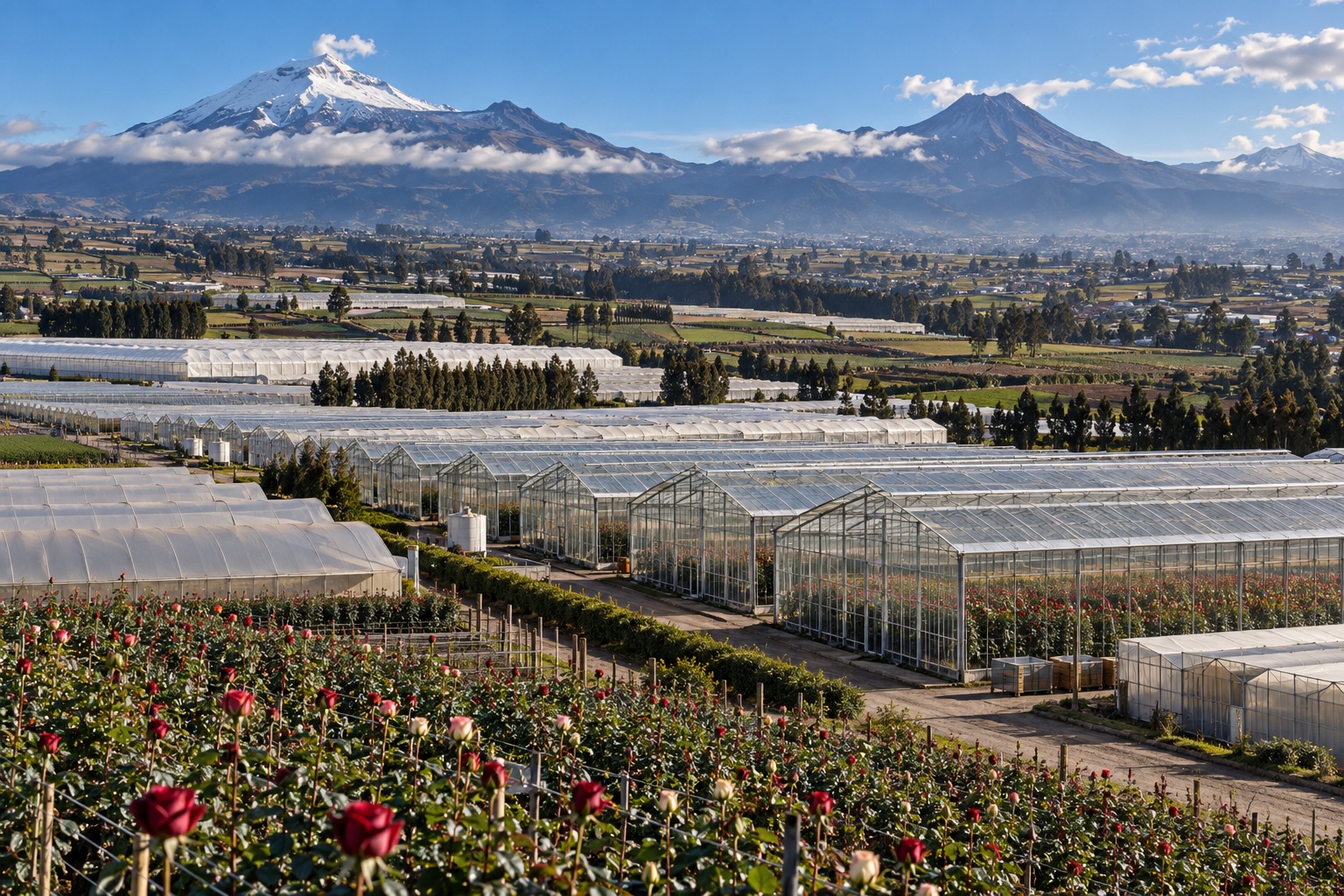 Vùng trồng hoa hồng Ecuador trên cao nguyên Khu nhà kính trồng hoa hồng trên cao nguyên Ecuador với dãy Andes phía sau